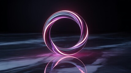 A glowing, futuristic torus ring with neon pink and purple lights, reflecting on a wet, dark surface, symbolizing technology and innovation