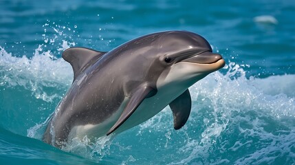 Dolphin leaping out of the water with splashes and waves in a bright blue ocean on a sunny day view