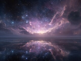 Cosmic Expanse Reflecting over Calm Water - Vibrant Nebula Colors and Distant Stars Mirroring a Serene Liquid Surface, Illustrating a Deep Space Landscape with Interstellar Clouds and Galactic Glow
