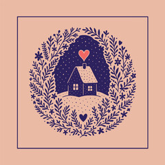 Cozy House with Heart in Floral Wreath. Folk art winter illustration of a small home surrounded by branches, leaves, and flowers, symbolizing warmth, love, and comfort &mdash; perfect for postcards, prints,