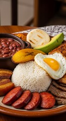 Close up of bandeja paisa a typical colombian dish with beans rice and meat on a wooden plate