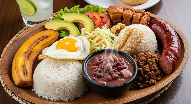 Close up of bandeja paisa with beans rice plantain avocado egg and sausage on a wooden platter