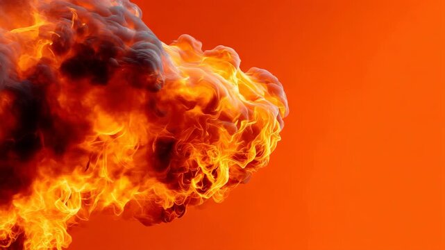Intense fiery explosion with billowing flames against vivid orange background