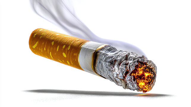 Burning Cigarette: The dangers of smoking, a cigarette burns, smoke swirling, highlighting the harmful effects, a symbol of addiction and the impact on health.