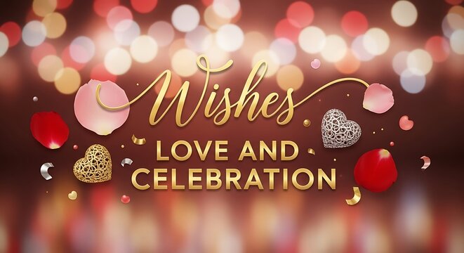 Elegant wishes text with romantic heart shapes and festive bokeh background