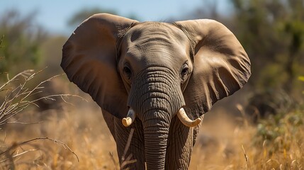 A close up view of an african elephant with large ears and tusks in a grassy field outdoors