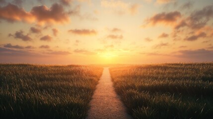 Pathway leading to a serene sunset in a grassy field
, religious service brochures, symbolic advertising, awareness campaigns, funeral announcements, obituary visuals, service website branding