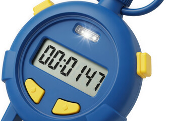 Blue stopwatch with yellow buttons isolated on transparent background