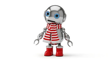 Adorable metallic robot friend wearing festive scarf and boots ready for winter fun