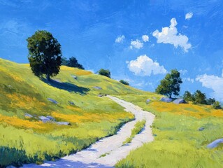 Textured painting of winding dirt path through rolling green hills adorned with scattered trees and yellow wildflowers under brilliant blue sky with sparse white clouds