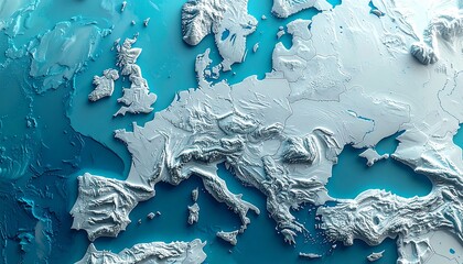 Relief Map of Europe Visualizing Topography and Geography in Blue and White.