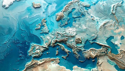 Topographic Map of Europe Relief Model Showing Mountain Ranges and Waterways for Geographical Study.