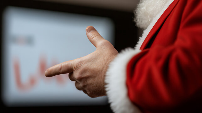 Santa Claus pointing at a screen. Santa is wearing his iconic red and white suit. The screen displays red text. The scene is a close-up, focusing on Santa's hand and the screen.
