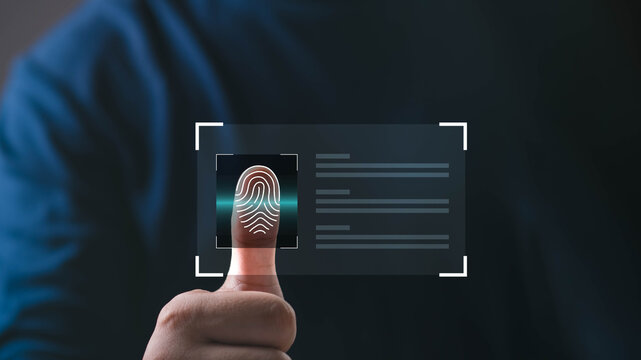 Close-up of fingerprint scanning on thumb, representing biometric authentication, digital identity, and secure access technology. Ideal for cybersecurity, login systems, and personal data protection. - Powered by Adobe