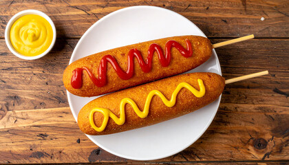 American corn dogs served on a white plate