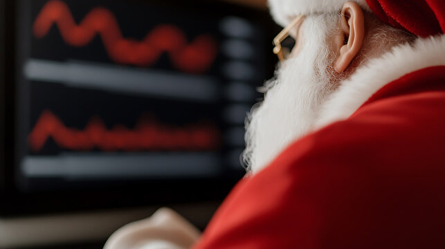 Santa Claus keenly watches a stock market graph on his computer screen, monitoring data with careful attention while preparing for the holiday season rush.