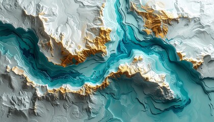 Abstract Topographic Map Landscape with Turquoise River and Golden Cliffs Artistic Aerial View Dreamy and Serene.