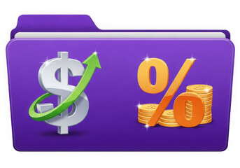 Purple folder with dollar sign growth and coins isolated on transparent background