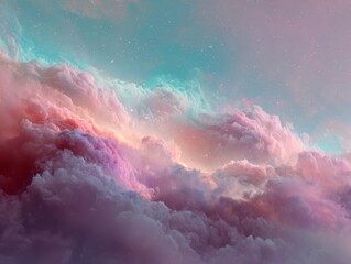 Dreamy Pastel Colored Clouds Abstract Sky Background Pink Purple Teal Blue Hues Soft Gradients Glowing Stardust Particles Wide Angle