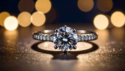 Fototapeta premium Elegant Diamond Ring on Glittering Surface Bokeh Background Represents Love Romance and Commitment.