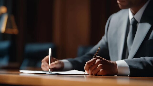 Jurors flipping through legal documents and marking important sections while hearing witness testimony, symbolizing structured courtroom procedure, detailed evidence assessment, professional