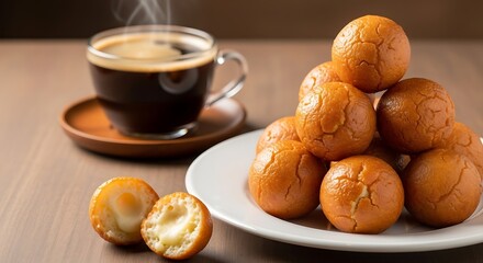 A cup of coffee next to a plate of gulab jamun with one cut open showing the filling inside