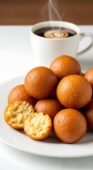 A plate of doughnut holes with a cup of coffee on a white table in a bright and airy setting