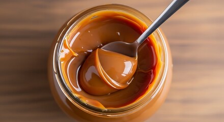 A top view of a jar filled with caramel sauce and a spoon scooping some of the caramel out of the jar