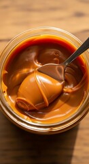 Close up of a spoon scooping out a generous portion of caramel from a glass jar on a wooden surface