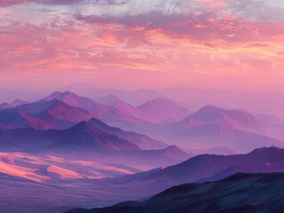 Abstract layered mountains landscape at sunset, vibrant pink and purple hues, hazy sky over desert dunes, minimalist nature illustration, tranquil serene scenery with gradient colors