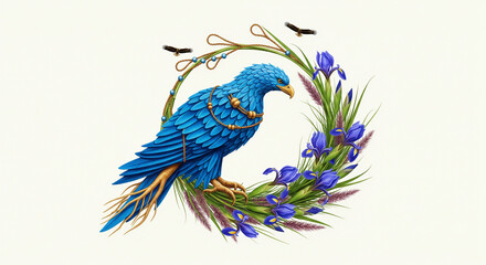 Obraz premium Majestic Blue Bird in Floral Iris Wreath Emblem Art A striking digital illustration featuring a majestic, stylized bird of prey, possibly a falcon or kite, with brilliant azure blue plumage