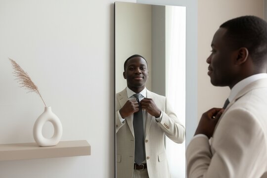 Confident Black businessman in a suit adjusting his tie in the mirror. Professional man getting ready for work with his reflection in focus