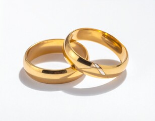 Two golden wedding rings on white background symbol of love and commitment for marriage ceremonies.