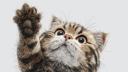 Cartoonish or realistic cat with paw up for high five, white background, cheerful and engaging image