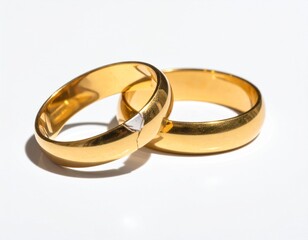 Two golden wedding rings on a white surface signifying love commitment and partnership in a minimalist studio setting.