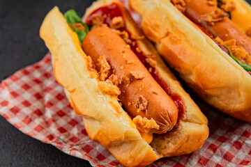 Hotdog fried onions, sausage, bun, sauce fast food tasty snack fresh delicious gourmet food background on the table rustic top view copy space