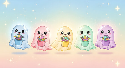 Obraz premium Cute Pastel Halloween Ghosts with Candy Buckets on a Sparkling Background
