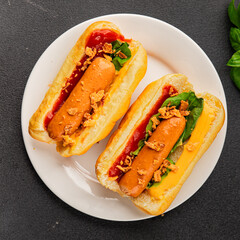 Hotdog fried onions, sausage, bun, sauce fast food tasty snack fresh delicious gourmet food background on the table rustic top view copy space