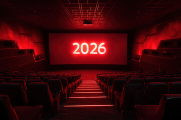 celebrate 2026 on movie screen theater display, kino, new years day eve, silvester, photorealistic