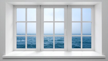 Window View Serene Ocean Outlook with White Frame Natural Light and Peaceful Coastal Ambiance.