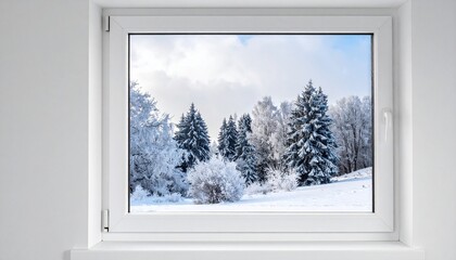 Winter Scenery Through a Window Frame A Snowy Forest View Enhancing the Natural Beauty of Wintertime.