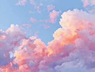 Impressionistic Painting Style Cloudscape, Soft Pastel Pink Orange Clouds Pale Blue Sky, Artistic Brushstroke Texture, Calm Abstract Background View