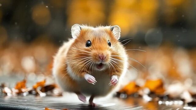 A hamster dashes towards the camera amidst colorful autumn leaves, showcasing its lively movement and playful nature, dynamic zoom in enhances action
