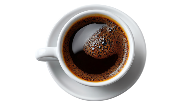 Coffee Serenity: A pristine cup of rich, dark coffee sits atop a clean, white saucer, reflecting the world in its deep, aromatic depths. A symbol of morning rituals and moments of contemplation.