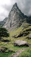 Obraz premium Rugged Stone Trail Leading to Majestic Craggy Mountain Peak Under Clouds