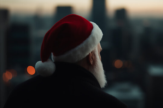 A thoughtful figure with a Santa hat and beard gazes over a cityscape at dusk, evoking a sense of holiday contemplation against the urban skyline. #HolidaySpirit