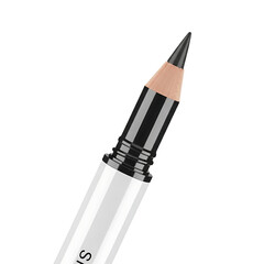 Close-up macro shot of a sharpened black kohl eyeliner pencil tip for creating smoky eyes, isolated on a clean white background