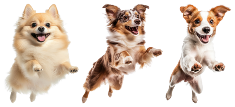 PNG Joyful dogs leaping mid-air, element set on transparent background