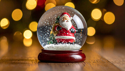 Snow globe with Santa Claus image reflected on a glossy surface