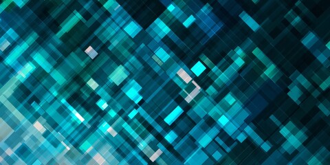 Overlapping translucent geometric shapes create an abstract background pattern in shades of blue and cyan